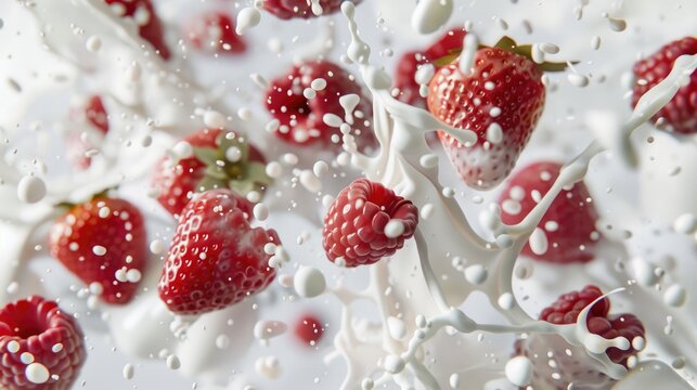 Fresh strawberries splashing into milk