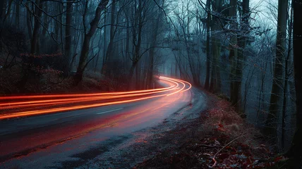 Stoff pro Meter Long exposure night shot of busy highway with light trails nestled in tranquil forest © Moribuz Studio