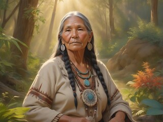 Portrait of a native-american senior woman in nature.