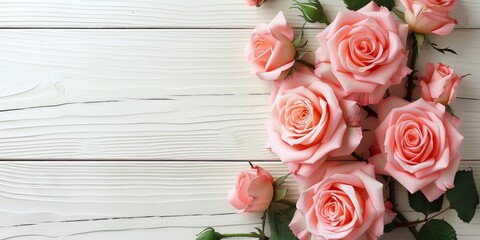 Elegant pink roses on a white wooden background, a perfect visual for romantic occasions, floral shops, and springtime event invitations