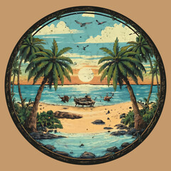 Summer Vibes fashion Vector T-shirt design for men and women with beach, boat and palm tree. - obrazy, fototapety, plakaty