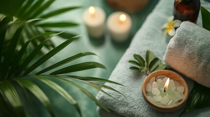 An oasis of relaxation, essential items for a home spa. A serene and relaxing space, a luxurious spa that evokes feelings of calm, peace and relaxation. Transform your home into a relaxing sanctuary - obrazy, fototapety, plakaty