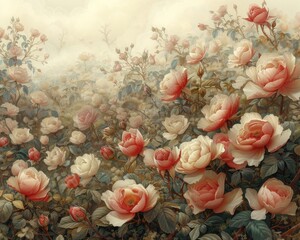 Vintage rose garden painting, evoking a sense of timeless elegance, perfect for classical interior decor, art prints, and nostalgic themed events