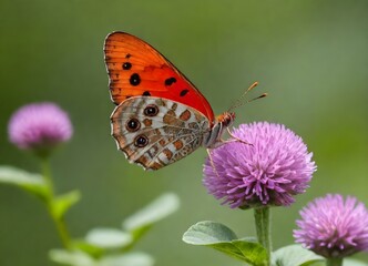 Orange butterfly with white stripes on its wings perched on a purple flower with more yellow flowers and orange leaves in the background