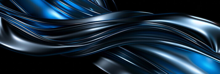 Abstract metallic shiny blue lines on black background. Digital technology communication, 5G, science, music.