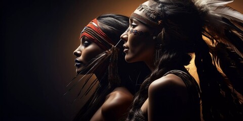 Portrait of two women wearing Indian headdresses and face paint stand side by side - obrazy, fototapety, plakaty