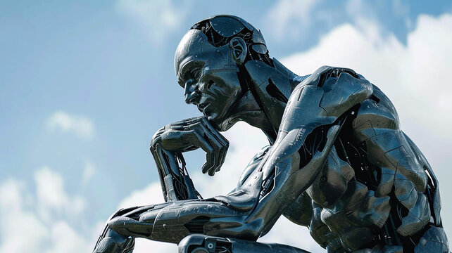 White humanoid robot with artificial intelligence in position to think