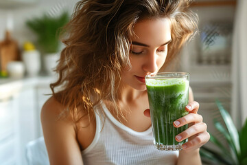 Young Woman Enjoying a Fresh Spirulina Smoothie. A woman is savoring the taste of a green spirulina smoothie in a well-lit, cozy kitchen setting. Horizontal photo