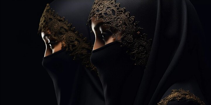Two women wearing black veils stand in a row