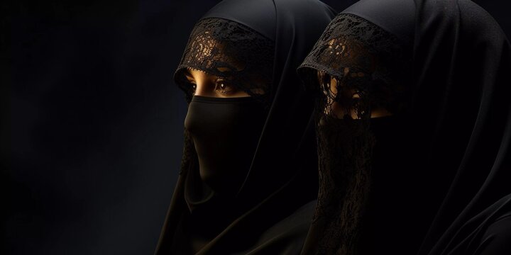 Two women wearing black veils stand in a row