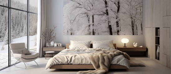 A bedroom with white walls featuring a large painting hung on the wall. The painting is the focal point of the room, adding color and character to the space.