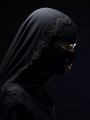 An islamic woman wearing a black head scarf with gold embroidery. Saudi beauty woman