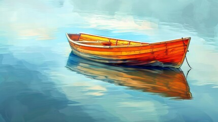 A lone small wooden rowing boat is moored in calm water. The illustration creates a serene mood. Nature background. Digital art in an artistic style