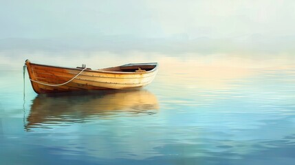 A lone small wooden rowing boat is moored in calm water. The illustration creates a serene mood. Nature background. Digital art in an artistic style