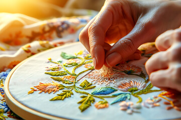Hand Embroidery of Floral Pattern with Vibrant Threads. A close-up of a hand skillfully embroidering a colorful floral design on fabric stretched in an embroidery hoop. Horizontal photo - obrazy, fototapety, plakaty