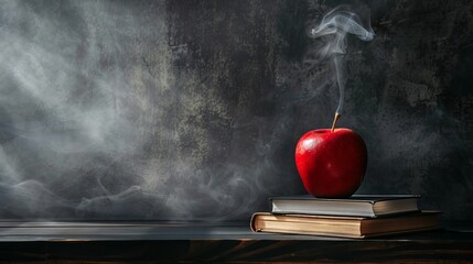 A red apple sitting on top of a stack of books on top of a black table next to a gray wall with smoke coming out of the back of it - obrazy, fototapety, plakaty