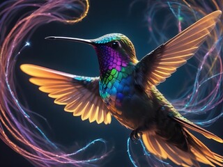 hummingbird in flight. Abstract image with neon lights