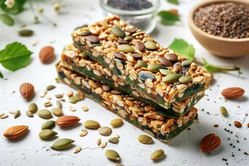 Foto op Plexiglas Grain and Spirulina Energy Bar Stack. Stacked energy bars with grains, seeds, and spirulina on a white background. Horizontal photo © ribalka yuli
