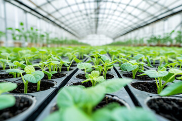 Cucumber Seedlings Growing in Greenhouse Rows. Rows of young cucumber plants in individual pots in a large, bright greenhouse with a glass ceiling. Horizontal photo