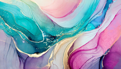 Abstract wavy fluid art background, pastel colors and golden foil. Liquid marble. Acrylic painting