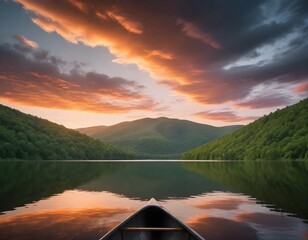 Front view of a canoe on a calm lake with reflections of the surrounding desert dunes and a sunset sky with pink and blue clouds - obrazy, fototapety, plakaty