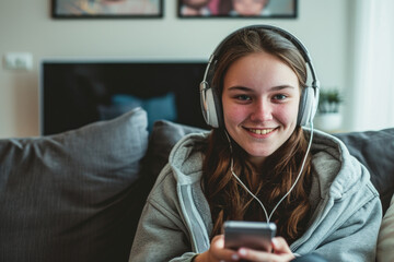 Girl is sitting on couch with her headphones on and holding cell phone
