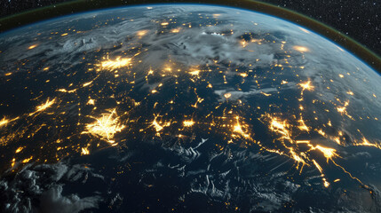 View of Earth at night, with lights of cities