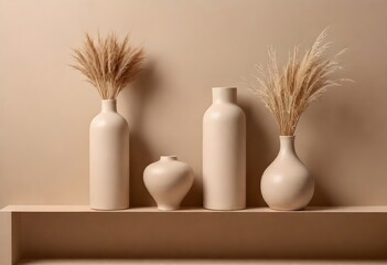 Four ceramic vases of varying shapes and sizes on a shelf with one containing dried grasses against a beige background