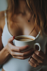 Woman is holding white coffee cup in her hand