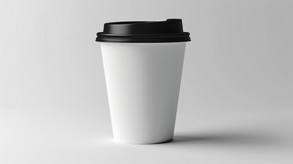 White paper cup with black lid on gray background. Suitable for branding, advertising, mockup or beverage design.