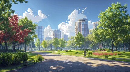 A city park offering recreation and relaxation to urban residents showcases the provision of green space. - obrazy, fototapety, plakaty