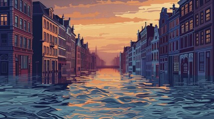 A cityscape with water encroaching on streets and buildings, visualizing the impact of sea level rise.