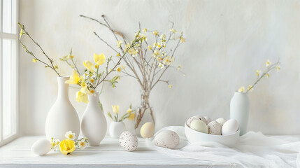 Easter arrangement on a wooden table, ai generativ