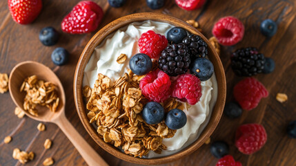 Bowl of yogurt with blueberries and raspberries on top