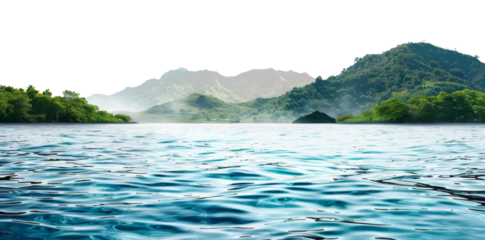 Serene lake with lush green mountainous backdrop in a tranquil environment, cut out - stock png.