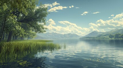 Fototapeta premium A tranquil lake view showcases managing water flow's vital role in averting floods and droughts.