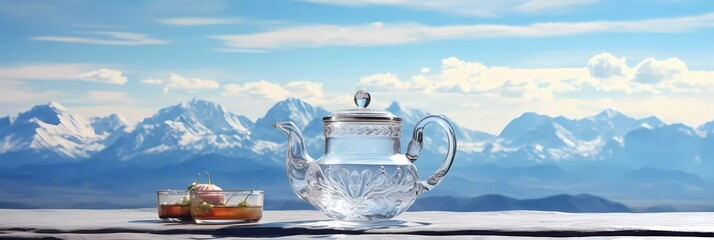A teapot with a mountain on it sits on a table with a vase of flowers - obrazy, fototapety, plakaty