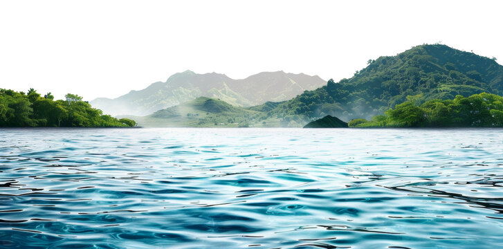 Serene lake with lush green mountainous backdrop in a tranquil environment on transparent background - stock png.