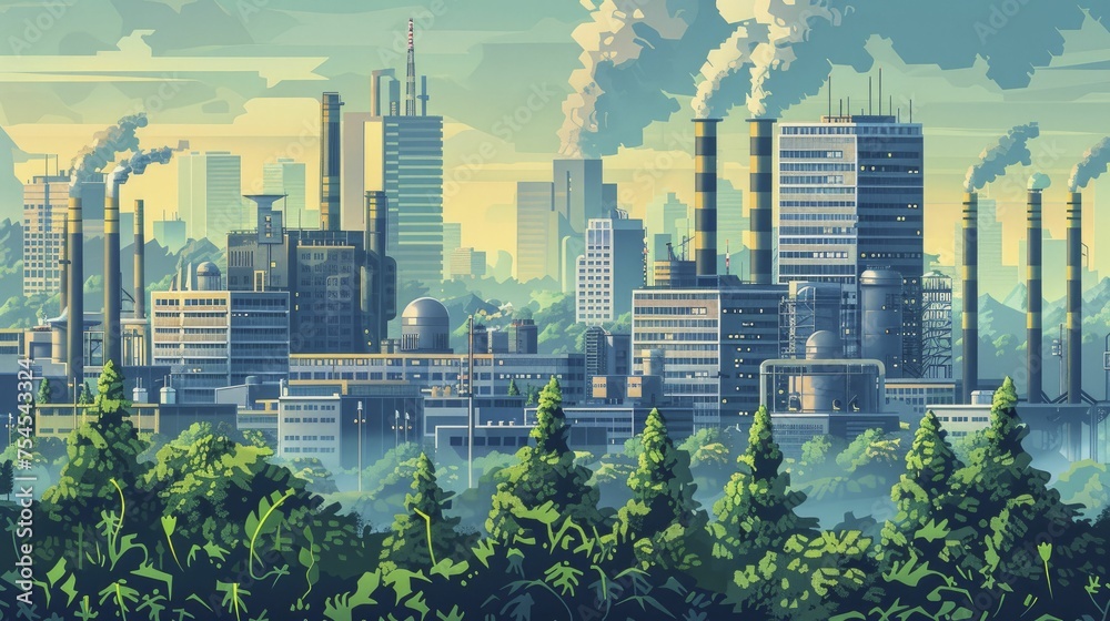 Poster A cityscape showcasing buildings with integrated carbon capture, shaping a green urban horizon for tomorrow.