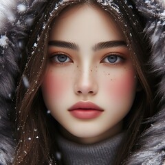 Portrait of a beautiful young winter woman close up blue eyes