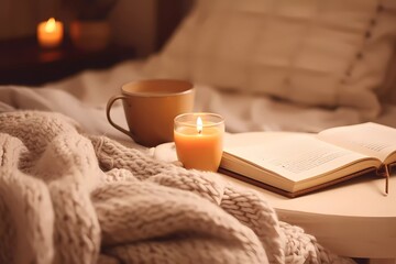 A cup of coffee is on a bed next to a book