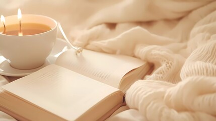 A cup of coffee is on a bed next to a book