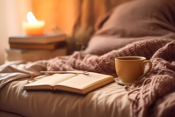 Fototapeta na wymiar A cup of coffee is on a bed next to a book