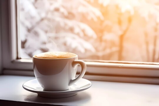A cup of coffee is sitting on a saucer in front of a window with. Concept of calm and relaxation, as the viewer can imagine themselves sitting by the window.