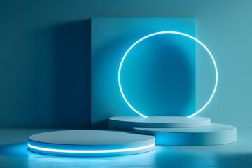 blue 3d background with round podium and glowing neon ring,composition in minimalistic design,presentation,layout, demonstration of cosmetics,pedestal or platform,design concept,marketing,advertising