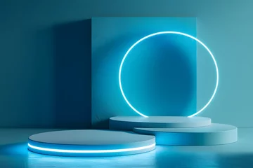 Fototapeten blue 3d background with round podium and glowing neon ring,composition in minimalistic design,presentation,layout, demonstration of cosmetics,pedestal or platform,design concept,marketing,advertising © Наталья Лазарева