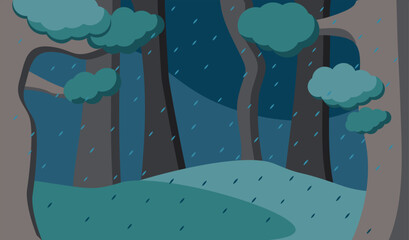 Rainy forest background for children book. Trees and meadow. Landscape of thicket with stormy weather. Blackout. Dripping rain. Drawing of plant backdrop. No character. Flat style. Vector illustration