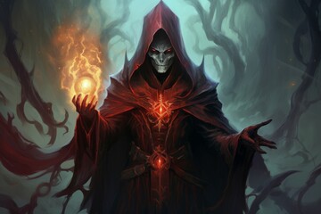 Mysterious Mage necromancer red fire. Nails devil. Generate Ai