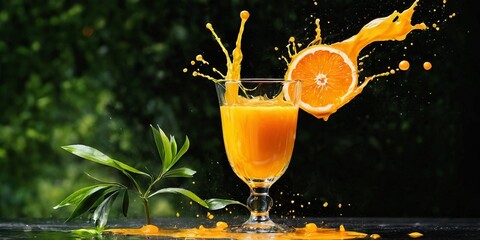 Orange juice splashing out of a glass with a slice of orange.
