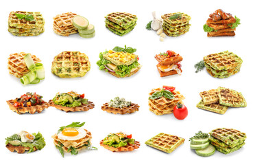 Collage of tasty salted waffles on white background